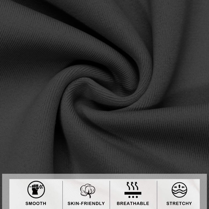 Dark gray fabric with texture and icons indicating smooth, skin-friendly, breathable, and stretchy properties.