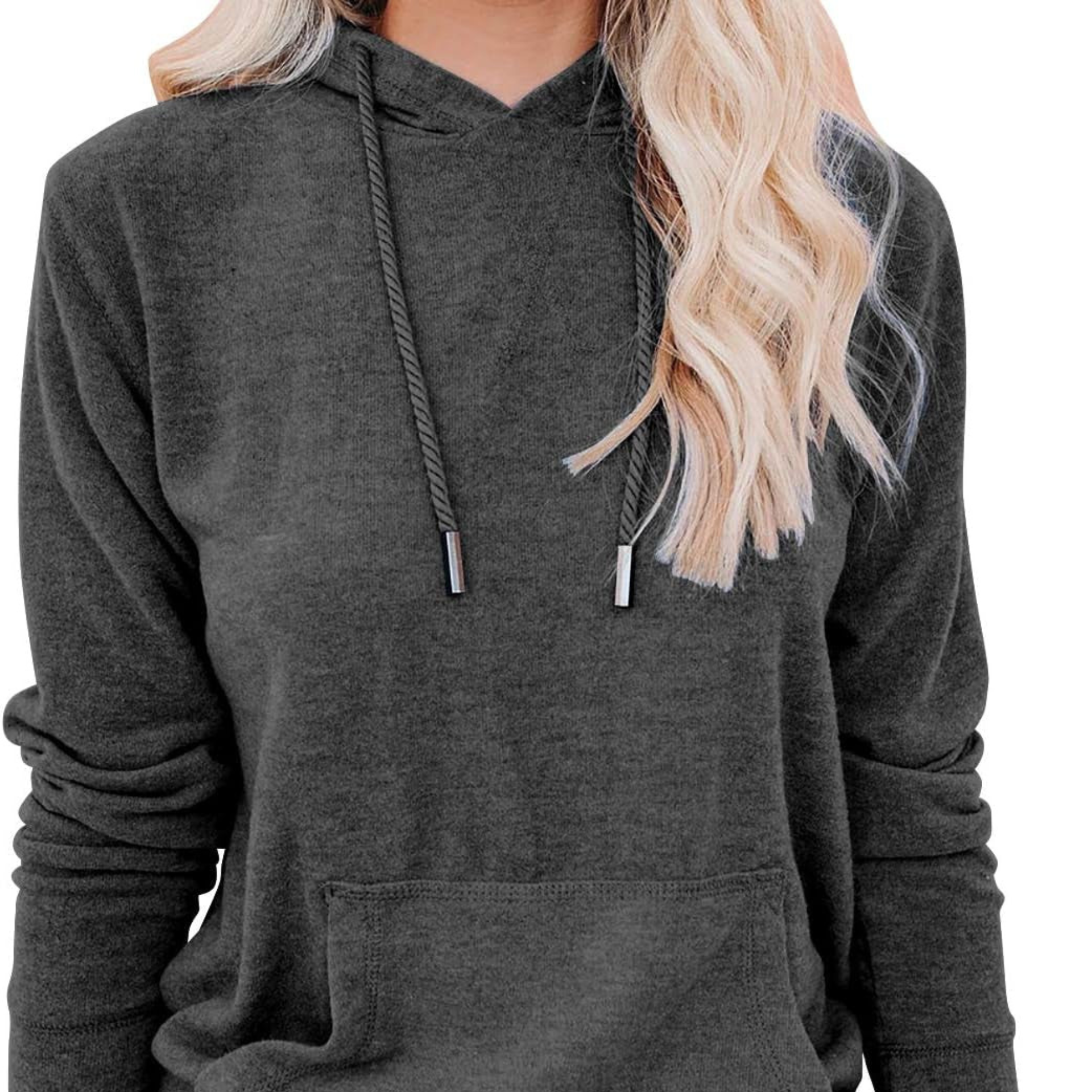 Person wearing a dark gray hoodie with blonde hair.
