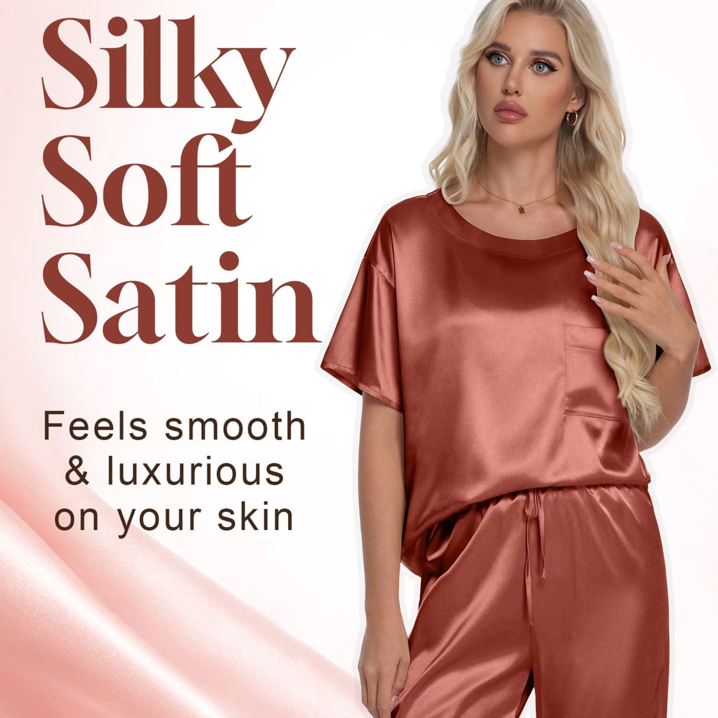Women’s Satin Silk Pajama Set – Short Sleeve Tee & Wide Leg Pants