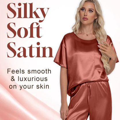 Women’s Satin Silk Pajama Set – Short Sleeve Tee & Wide Leg Pants