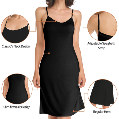 Black slip dress with features highlighted on a white background