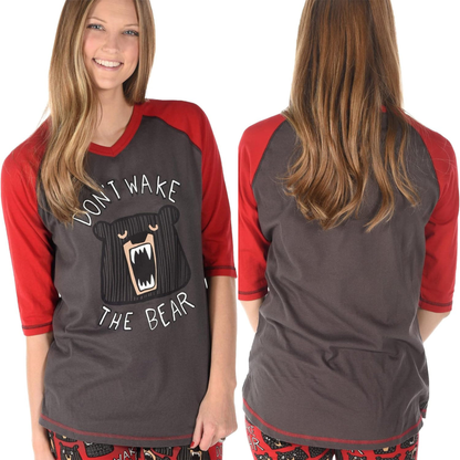 Person wearing a gray and red shirt with 'Don't Wake the Bear' design, front and back views.