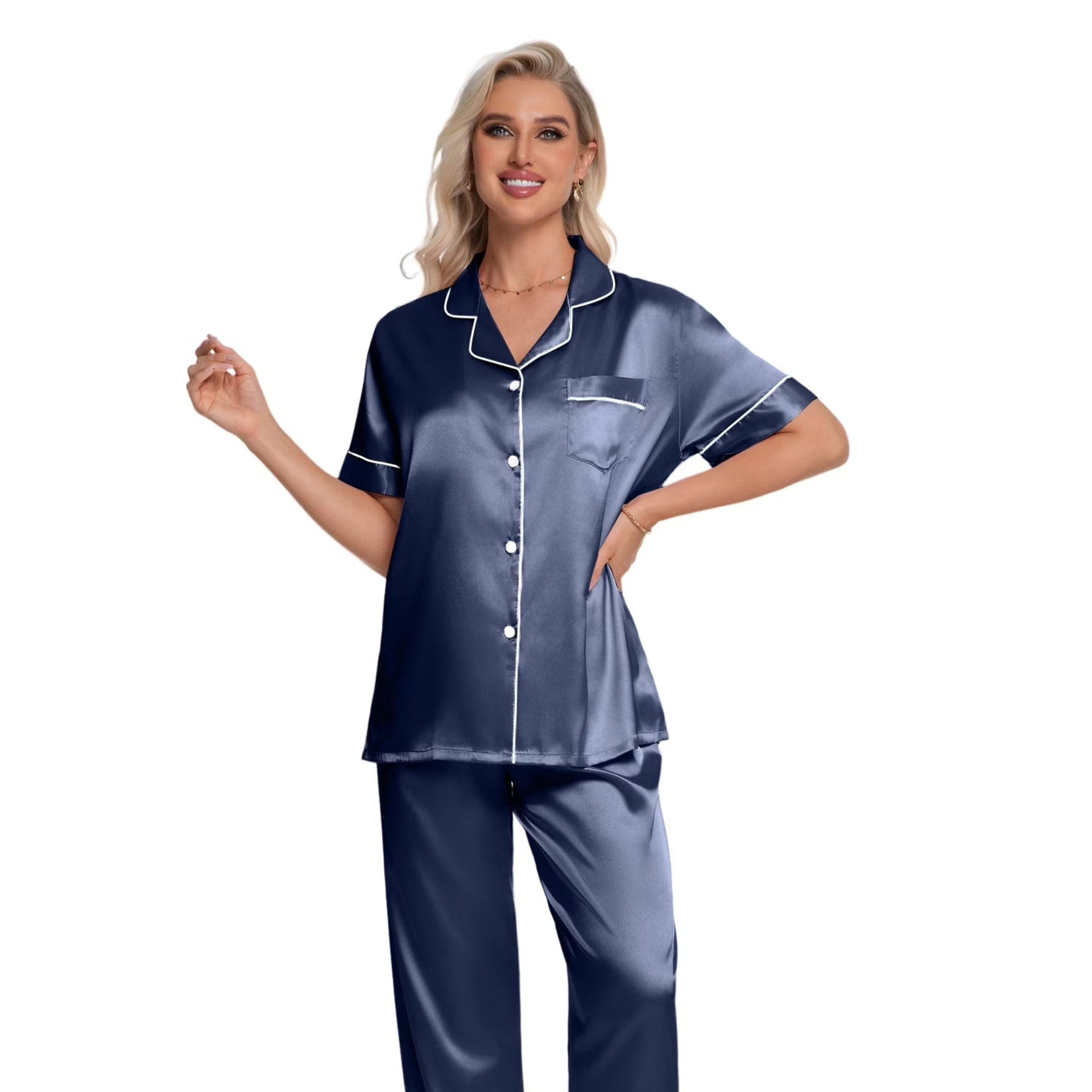 Woman wearing a navy satin pajama set on a white background