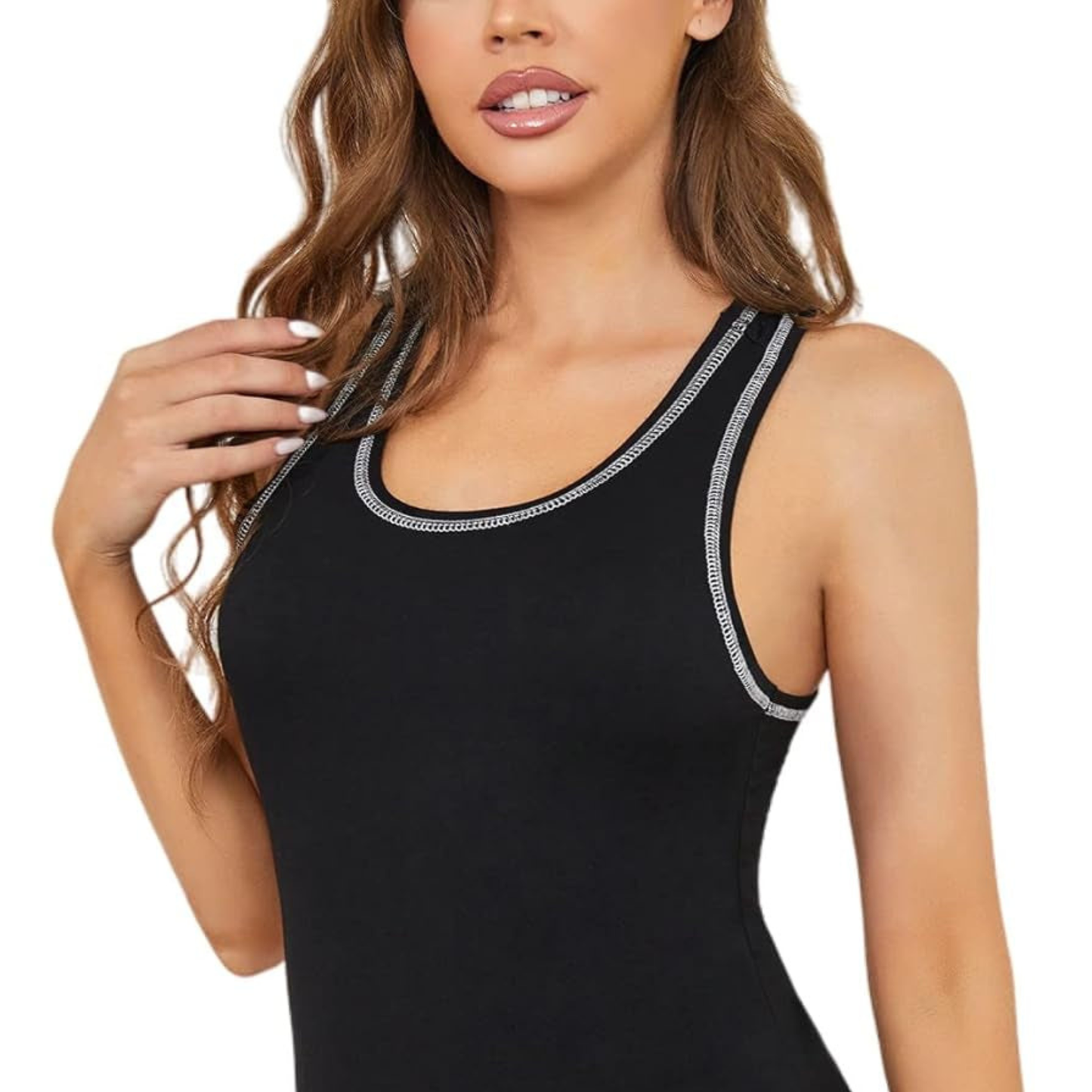 Black tank top with silver trim worn by a model on a white background