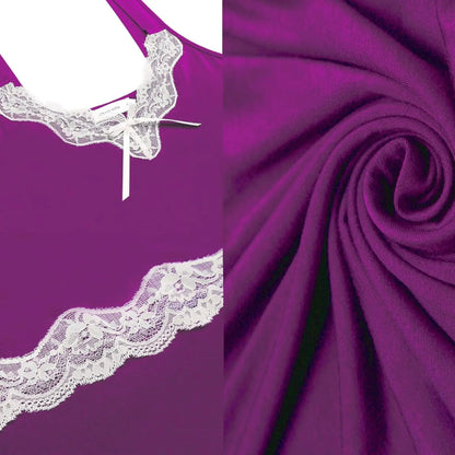 Purple Cotton Jersey V-Neck Nightgown with Lace Trim