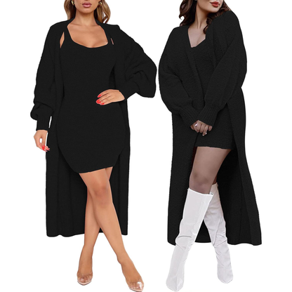 Black dress with long cardigan worn by a model on a white background