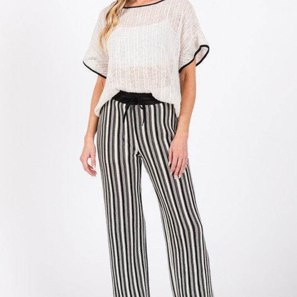 Women's High-Waisted Striped Knit Pants – See-Through Textured Straight Leg with Lining
