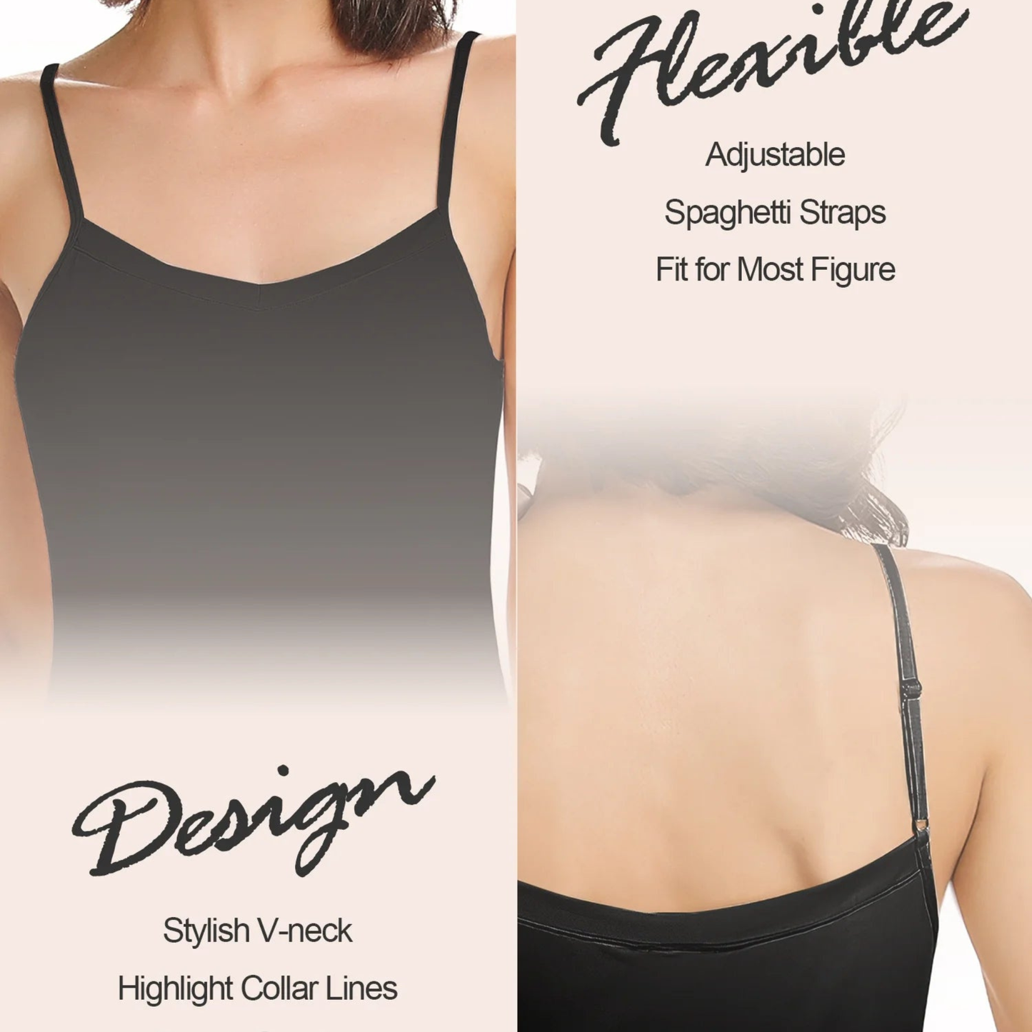 Black spaghetti strap top with adjustable straps and stylish V-neck design on a white background.