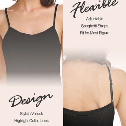 Black spaghetti strap top with adjustable straps and stylish V-neck design on a white background.