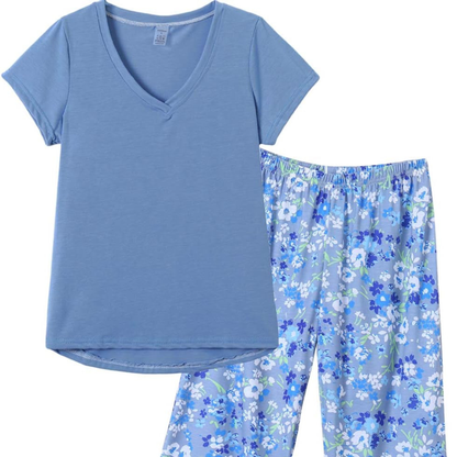 Women’s Plus Size Capri Pajama Set – Short Sleeve V-Neck Top & Floral Print Pants