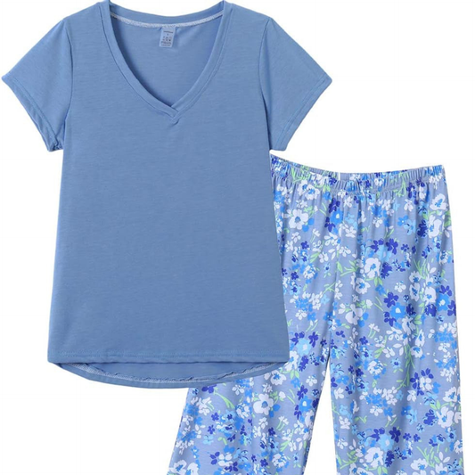 Women’s Plus Size Capri Pajama Set – Short Sleeve V-Neck Top & Floral Print Pants