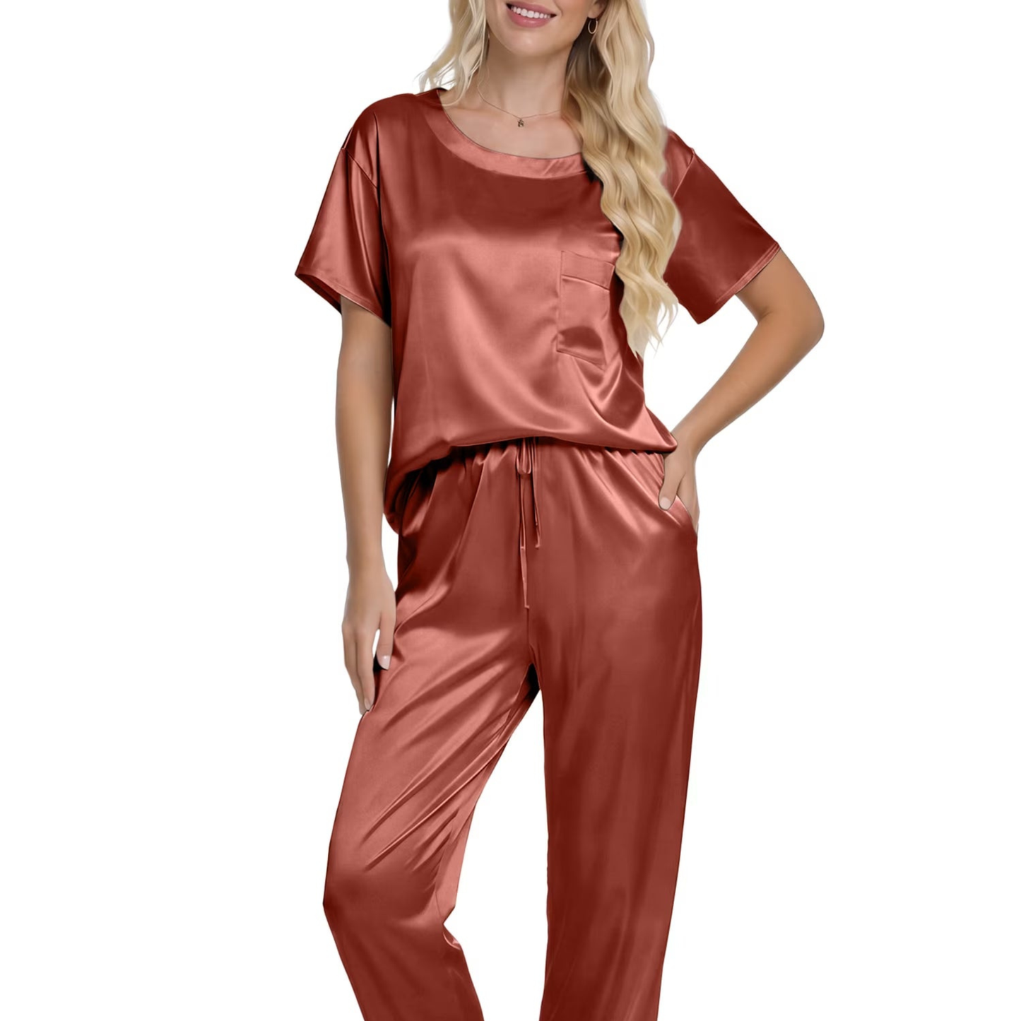 Women’s Satin Silk Pajama Set – Short Sleeve Tee & Wide Leg Pants