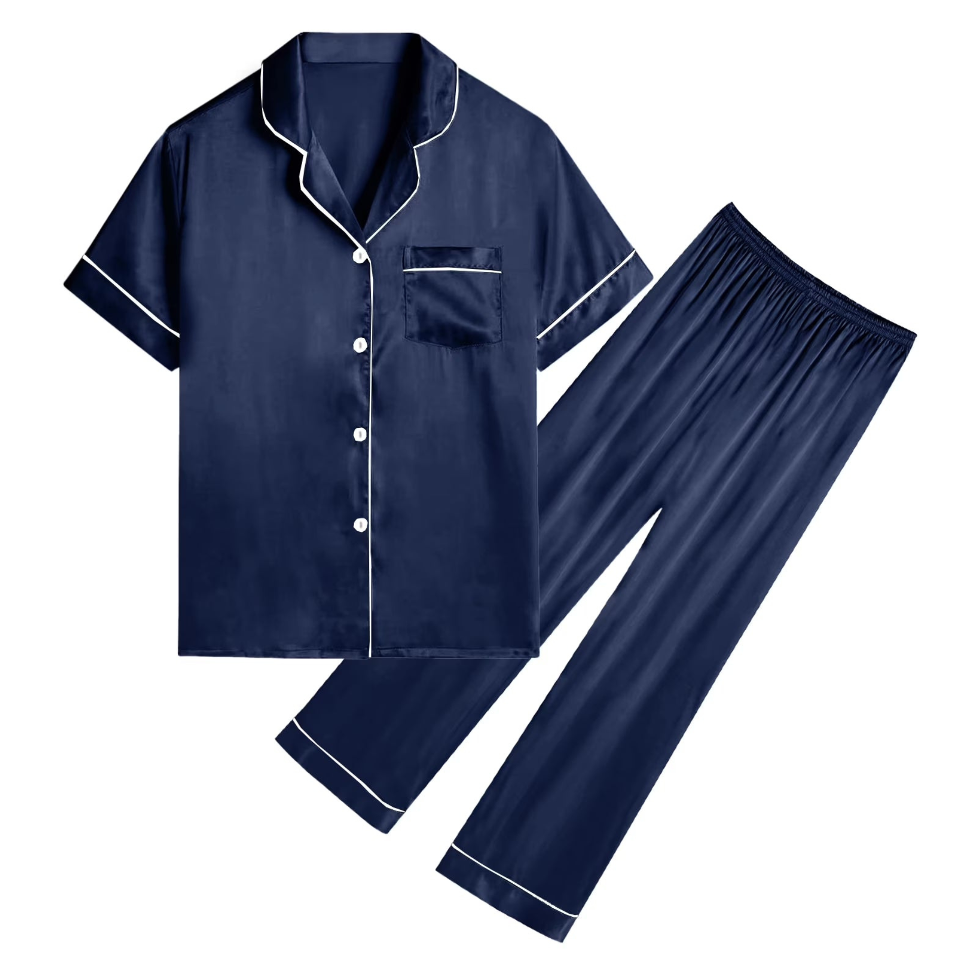 Navy blue satin pajama set with white piping on a white background